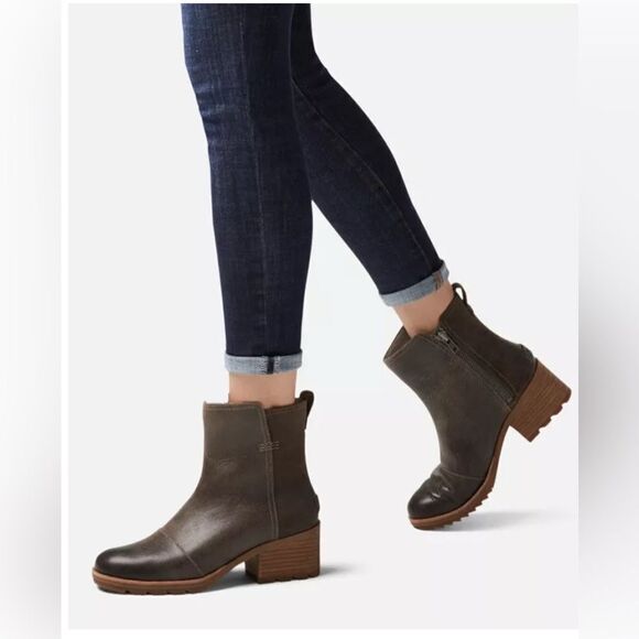 Sorel Cate Bootie Ankle Boot Leather Block Heel Major Brown. 7 - Picture 13 of 13